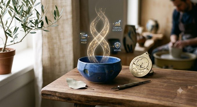 A serene scene featuring a blue ceramic bowl with a swirling energy effect, labeled with icons for 'FIXED YIELD', 'SECURE', and 'CAPITAL EFFICIENT', placed on a wooden table next to a compass and pen, with an artisan working in the background.
