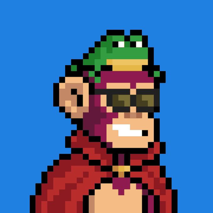 A pixel art illustration of a character with a green frog hat, dark sunglasses, a wide grin showing one tooth, and a maroon outfit against a blue background.