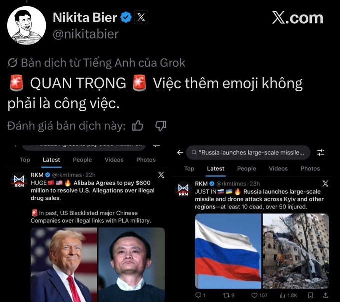 The user wants a concise caption describing the image.

**1. Analyze the image:**
- **Top part:** A tweet by Nikita Bier (@nikitabier). The text is in Vietnamese: "Bản dịch từ Tiếng Anh của Grok" (Translation from English by Grok). Then "QUAN TRỌNG 🇺🇸 🇨🇳 Việc thêm emoji không phải là công việc." (IMPORTANT 🇺🇸 🇨🇳 Adding emojis is not the job.). This suggests a discussion about emoji usage, possibly related to sensitive topics like US/China relations or politics.
- **Bottom part:** Two screenshots of X (formerly Twitter) posts from the account @rkmtimes (RKM).
    - **Left screenshot:** A post by RKM about Alibaba agreeing to pay $600 million to resolve U.S. allegations. It