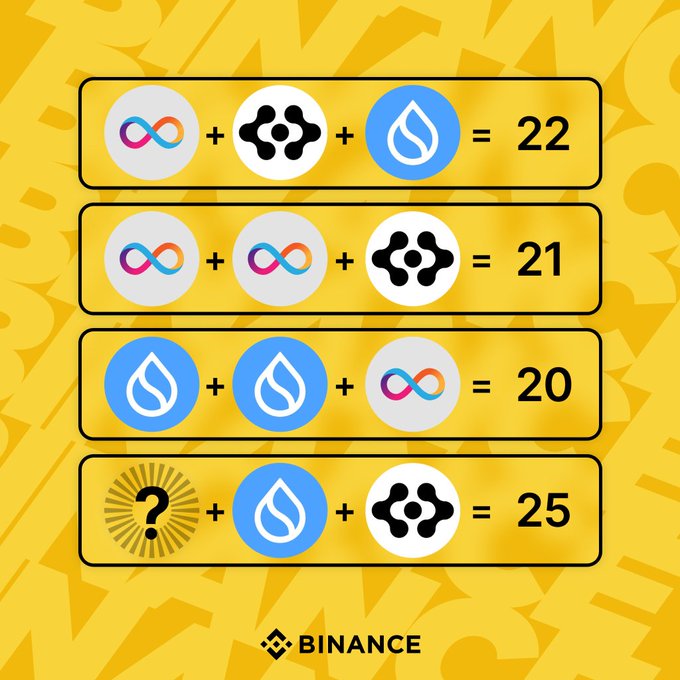 A Binance-branded math puzzle with three symbols (an infinity logo, a hexagonal network icon, and a water drop) that need to sum to solve equations, including a final equation of 22.