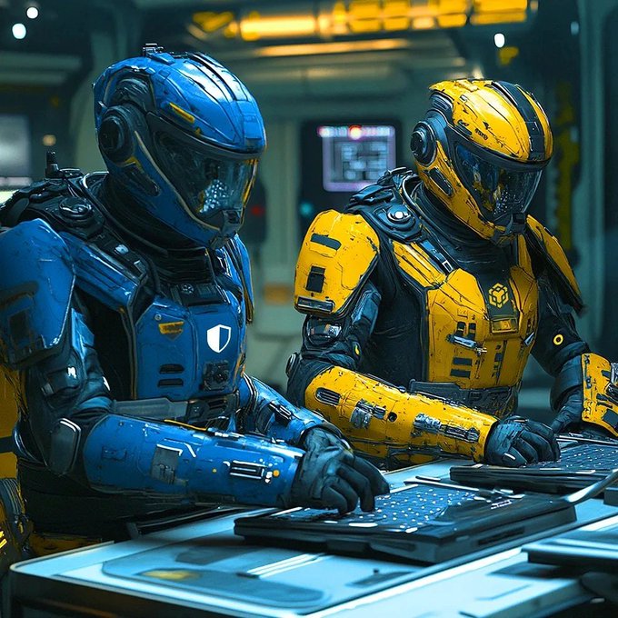 A sci-fi illustration of two armored figures in blue and yellow helmets and suits working at glowing keyboards in a futuristic control room.
