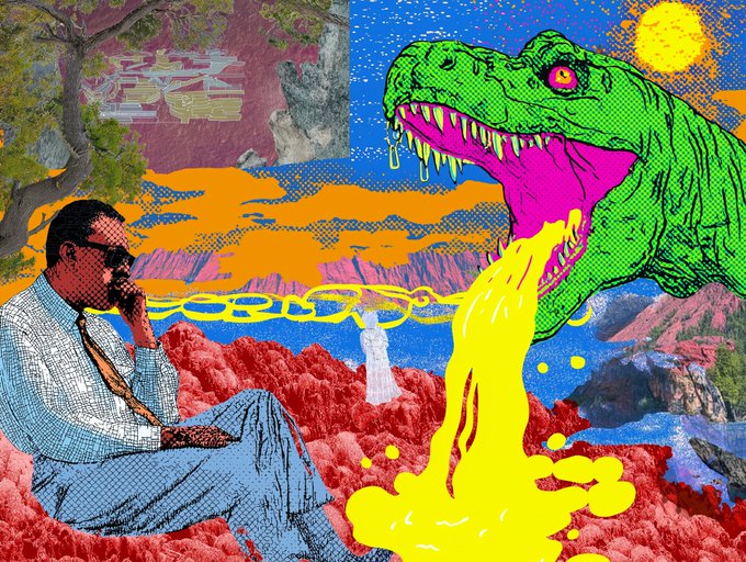 The image features a man sitting down with his legs crossed, wearing sunglasses and holding a laptop computer. The background of the image depicts an illustration of a dinosaur spewing out yellow liquid or lava. There are also other people present in the scene, but they do not appear to be interacting with the main subject.