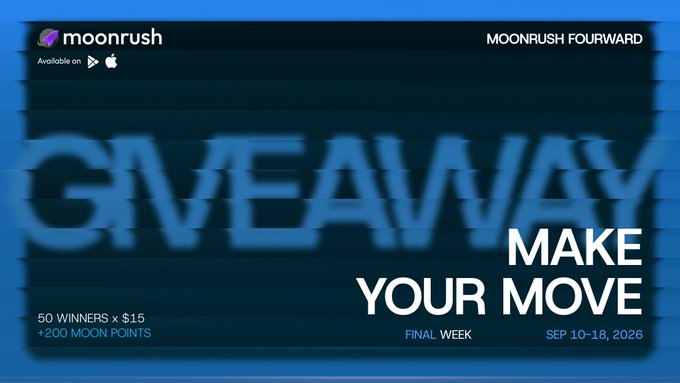A promotional banner for the "MOONRUSH FOURWARD" giveaway, featuring bold glitch-effect "GIVEAWAY" text and a "MAKE YOUR MOVE" tagline, announcing the final week's challenge running September 10–18, 2026, with 50 winners receiving $15 each plus 200 Moon Points. The MoonRush logo and availability on Google Play and the App Store are shown in the top-left corner, matching the post's call to action.