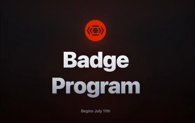 A dark promotional graphic for the Linera Badge Program, featuring a red hexagonal logo at the top with the bold white text "Badge Program" and "Begins July 11th" displayed below.