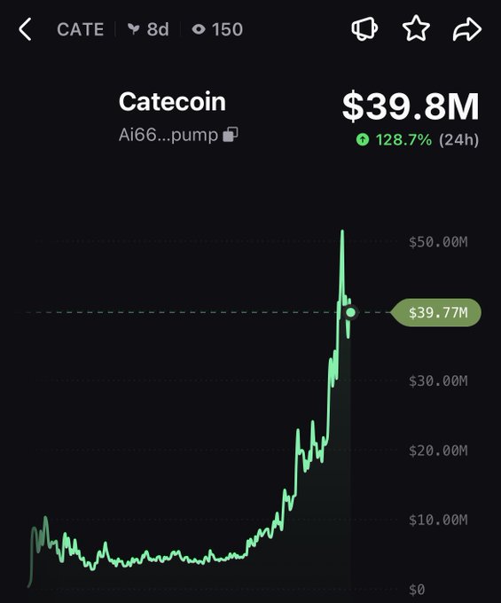 A screenshot of a crypto trading chart showing Catecoin (CATE) on the Solana token "Ai66...pump" reaching a market cap of $39.8M, up 128.7% in 24 hours, with the price climbing sharply from around $10M to over $50M before settling at $39.77M. The chart illustrates the parabolic price action referenced in the post, which praises the team's ability to filter out multi-wallet vampire attackers before the token's significant run-up.