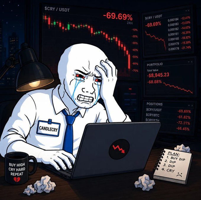 A cartoon "candlecry" trader weeps at his laptop as $CRY/USDT plunges nearly 70% to -69.69%, with a portfolio down -68.88% (-$8,945.23) and a "plan" notebook cheekily listing "1. Buy Dip, 2. Dip, 3. Dip, 4. Cry" — perfectly capturing the meme of averaging down a dying position.