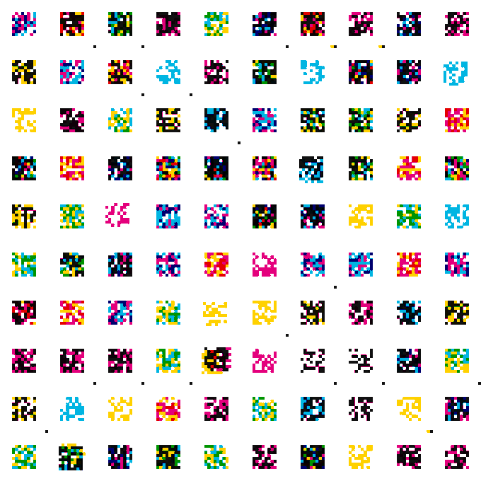 A grid of 100 colorful pixel-art style alien-like creature sprites arranged in 10 rows.