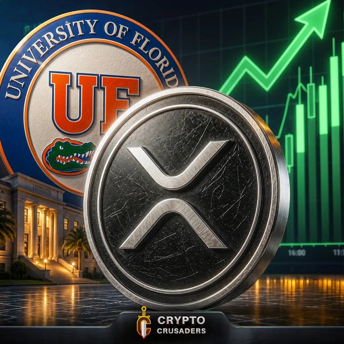 A large silver Ripple (XRP) coin is prominently displayed in front of the University of Florida (UF) logo, with a green candlestick chart trending upward in the background. The image, branded with "Crypto Crusaders," visually represents Ripple's new multi-year sponsorship deal with the University of Florida.