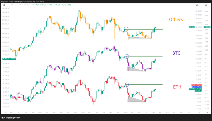 A TradingView technical analysis chart comparing 'Others', 'BTC', and 'ETH' logarithmic market caps over time, featuring circled breakout points and highlighted support/resistance lines.