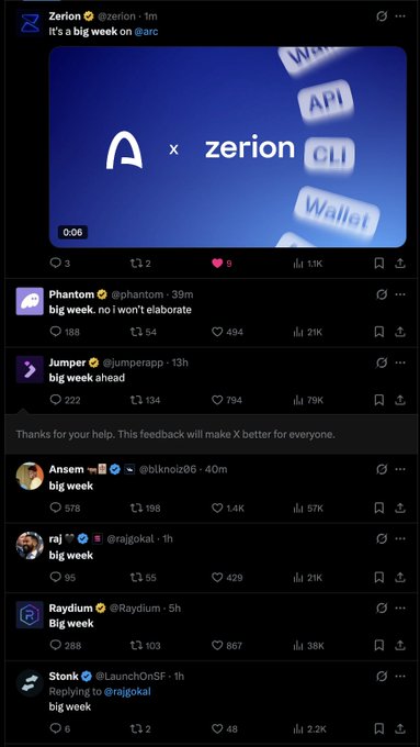 A Twitter/X screenshot showing a post by Zerion stating 'it's a big week on @arc' with the Arc and Zerion logos, followed by numerous replies containing 'big week'.