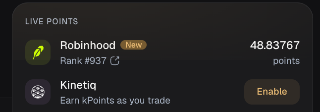 A dark-themed 'LIVE POINTS' interface showing a Robinhood entry ranked #937 with 48.83767 points, along with an 'Enable' button for Kinetiq's kPoints.