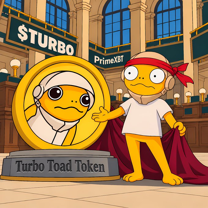 Cartoon image featuring a '$TURBO' coin labeled 'Turbo Toad Token' with an anthropomorphic frog wearing a red bandana, and 'PrimeXBT' text on a stock exchange-style background.