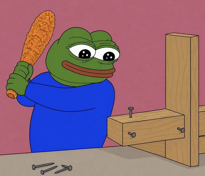 Cartoon illustration of the Pepe the Frog meme character holding a fried chicken drumstick while building a wooden structure with a hammer and nails.