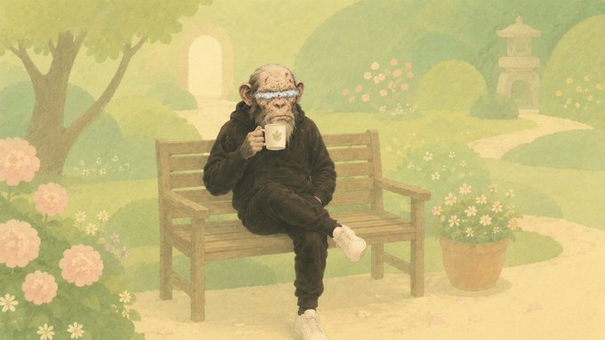 A weary-looking chimpanzee in a black tracksuit sits on a garden bench sipping tea, surrounded by pastel greenery and flowers, with no visible text in the image. The contemplative, relaxed primate paired with the post's cynical take on investors ignoring fundamentals creates a striking contrast—suggesting even a monkey could succeed in markets where thoughtful analysis has been abandoned in favor of blind ticker-chasing.