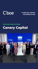 Promotional image showing the Cboe stock exchange bell-ringing ceremony for Canary Capital, with employees gathered around a bell podium.