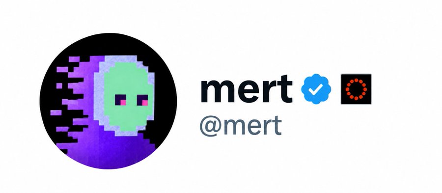 A profile graphic with a pixelated green skull avatar on a purple and black background, labeled 'mert' with a blue verification checkmark and the handle '@mert'.