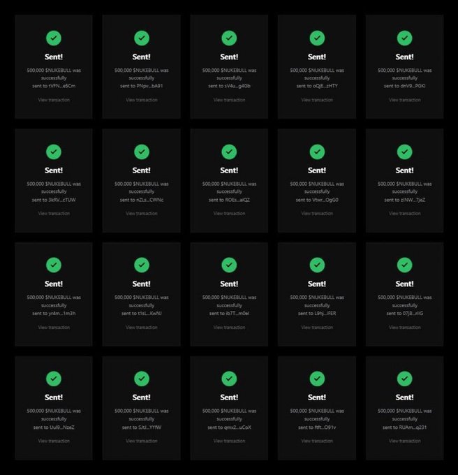A grid of transaction confirmation screens showing multiple successful sends of $500,000 $NUKEBULL tokens to various wallet addresses.