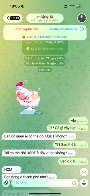 A Vietnamese Telegram chat screenshot showing a conversation in which someone asks about exchanging USDT and which city the recipient is in.