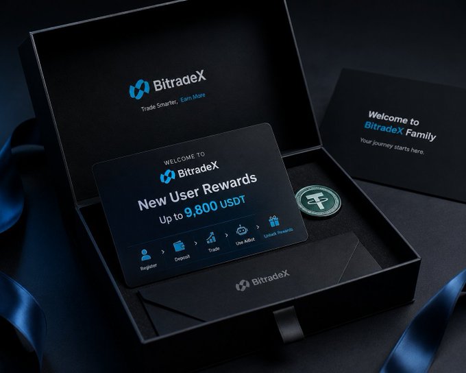 The image shows an open BitradeX trading box next to a blue ribbon. The box contains some rewards, including a coin for $9,800 USDT. In addition, there are instructions that guide users through how to enter the reward into their account and perform beginner tasks to accumulate more points or coins.