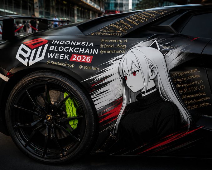 A black Lamborghini with anime artwork and the text 'INDONESIA BLOCKCHAIN WEEK 2026' along with various social media handles.