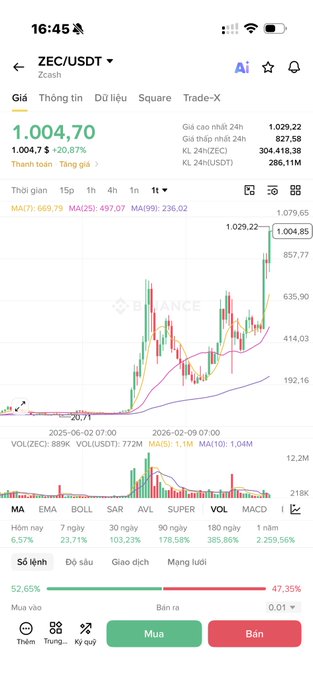 A mobile screenshot of Binance showing a ZEC/USDT trading chart. The Zcash price is displayed as '1,004.70' with a +20.87% increase, with the 1-hour candlestick chart showing significant upward movement.