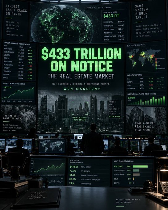 A futuristic control room displays a glowing green dashboard declaring '$433 TRILLION ON NOTICE - THE REAL ESTATE MARKET', showing global asset data and heat maps.