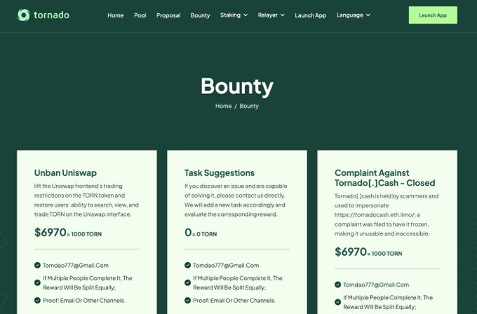 The 'Bounty' page of the Tornado Cash website showing three task cards including 'Unban Uniswap' ($6970 TORN), 'Task Suggestions' (0 TORN), and a closed 'Complaint Against Tornado Cash' ($6970 TORN).