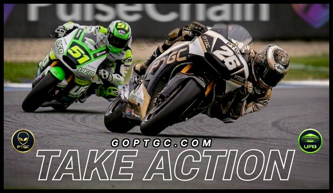 An action-packed image of two motorcycle racers leaning into a turn, with rider #51 in green/white and rider #48 in black/gold, overlaid with text 'GOPTGC.COM' and 'TAKE ACTION' plus PTGC and UFO logos.