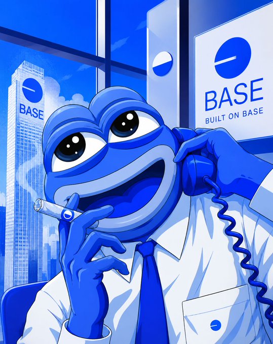 A blue Pepe-style cartoon character in a white shirt and tie is shown smoking a cigarette while talking on a rotary phone, with a skyscraper and office wall in the background displaying the Base logo and the text "BASE BUILT ON BASE."

The image humorously visualizes the post's message by depicting the meme character as a corporate executive at "Base" headquarters, waiting on a call—suggesting that the decision on when to give the "green light" is being made by someone slow or indecisive within the Base organization.