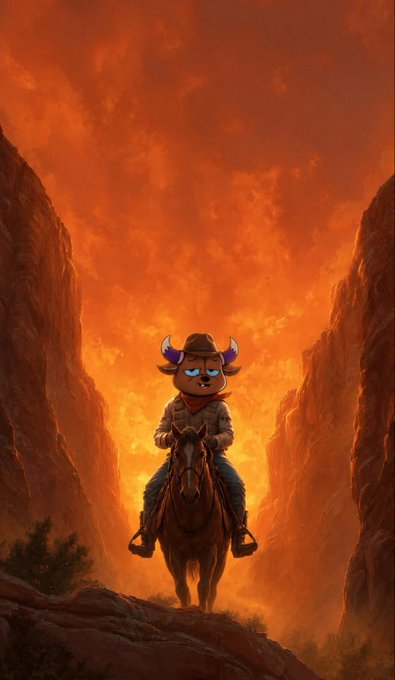 A digital artwork of a cowboy character with horns and a plaid shirt riding a horse through a dramatic orange canyon landscape at sunset.