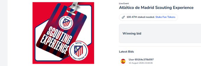 The image shows a Socios auction listing for an "Atlético de Madrid Scouting Experience" requiring 100 ATM Fan Tokens to stake, with a current winning bid from user 69164e37bd097 placed on 13 August 2026 at 23:44:36. This relates to the post by highlighting the unique fan token-gated auction on Socios where Atlético supporters can bid to access the club's official Scouting Masterclass session.
