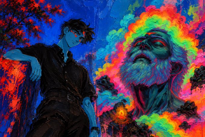 A vibrant, colorful digital artwork featuring a dark-haired anime-style character standing beside a bearded face emerging from a rainbow-colored cloud against a blue and red background.