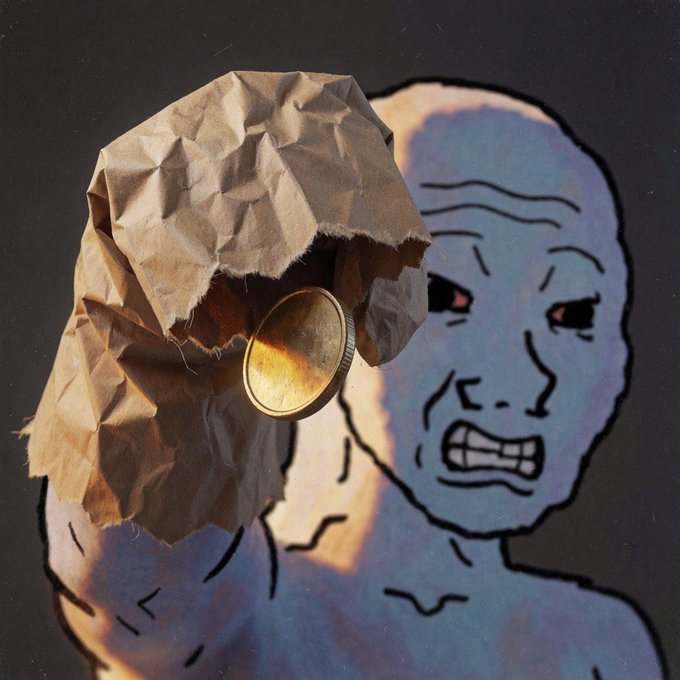 An artistic image featuring a crumpled brown paper bag with a gold coin, positioned against an illustration of a distressed figure with furrowed brows.