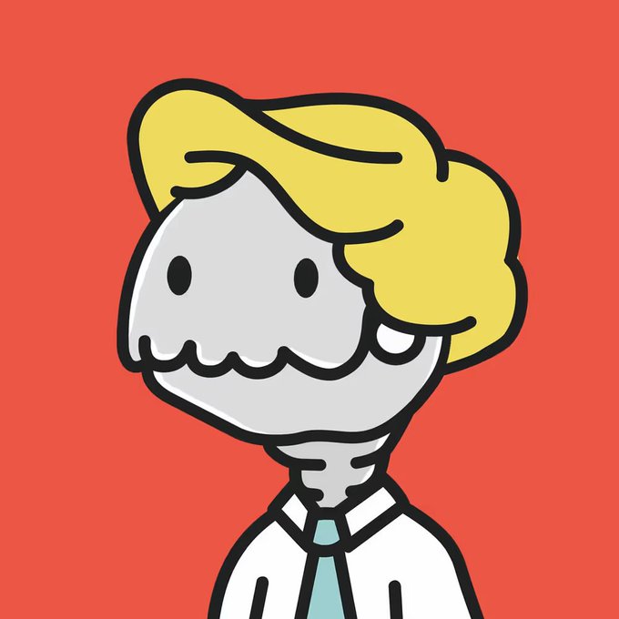 A cartoon illustration depicts a character with a skull-like face, blonde hair, and a white shirt with a light blue tie against an orange background.