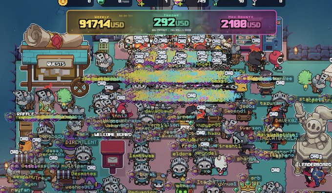 A chaotic 2D multiplayer game screen with many pixelated characters, player names, and top banners showing 'Weekly 91714 USD', 'Strong 292 USD', and 'Max Bounty 2100 USD'.