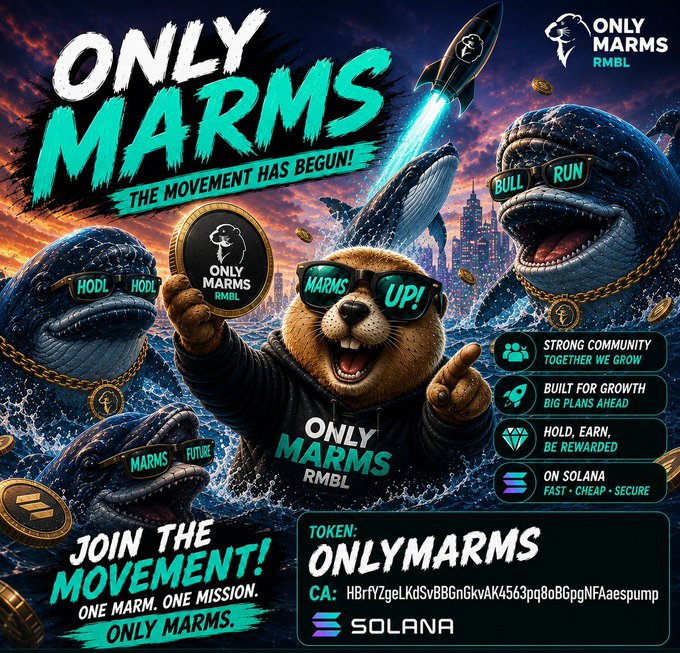 A promotional graphic for a cryptocurrency token called 'ONLY MARMS' ($RMBL) on the Solana blockchain features cartoonish bear and frog characters wearing sunglasses, surrounded by text including 'THE MOVEMENT HAS BEGUN!', 'JOIN THE MOVEMENT!', and a contract address starting with 'HBfFYZgeLKdSvBBGnGkvAK4563pq8o8GpgNFaae spump'.