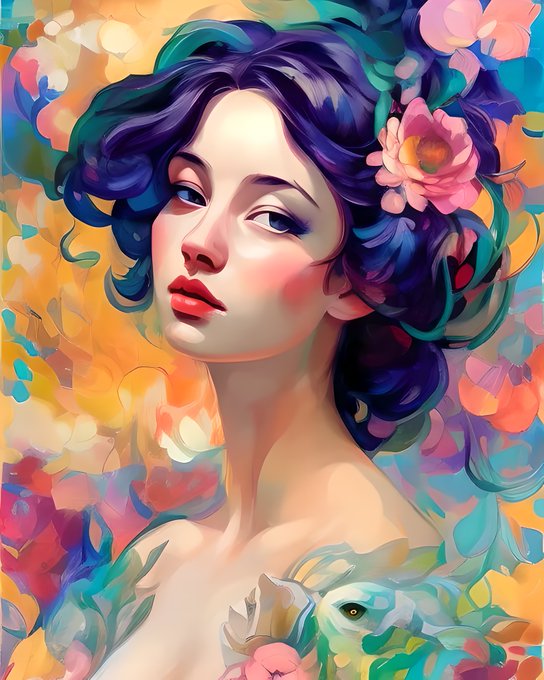 A colorful digital painting/illustration of a woman with vibrant blue and purple hair adorned with a pink flower, surrounded by an abstract multicolored background.