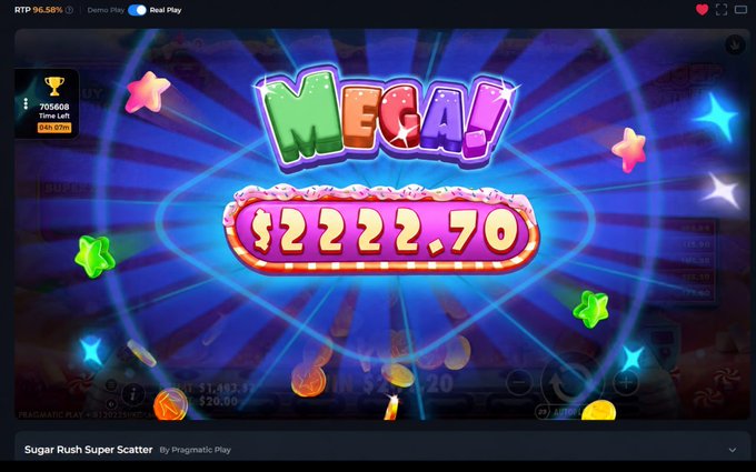 A slot machine screen displays a 'MEGA!' win of '$222.70' on the game 'Sugar Rush Super Scatter By Pragmatic Play', with an RTP of 96.50% and a recent big win of $84.57m shown in the top left.
