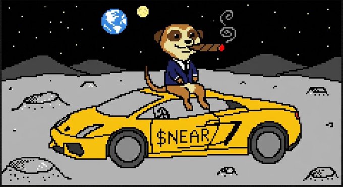 A cartoon illustration shows a dog wearing a suit and smoking a cigar while sitting on top of a yellow sports car labeled '$NEAR' on the moon's surface.