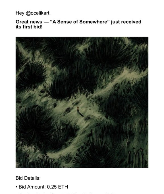 An NFT auction notification for "A Sense of Somewhere" addressed to @ocelikart, showing a dark, moody landscape illustration of a figure in a field, with a bid amount of 0.25 ETH.