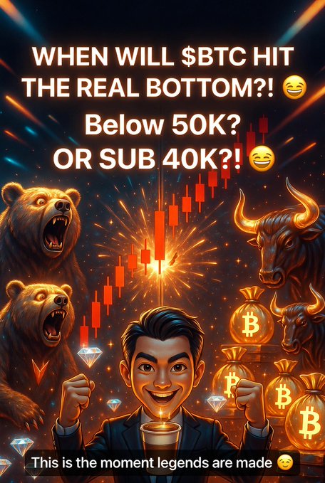 The image features a man holding up a cup of coffee, surrounded by various coins and bears. The caption reads "When will $BTC hit the real bottom?" which seems to be a reference to Bitcoin's current value or market trends. The image also includes an illustration of a bear with a gun, possibly symbolizing the potential risks associated with investing in cryptocurrency.
