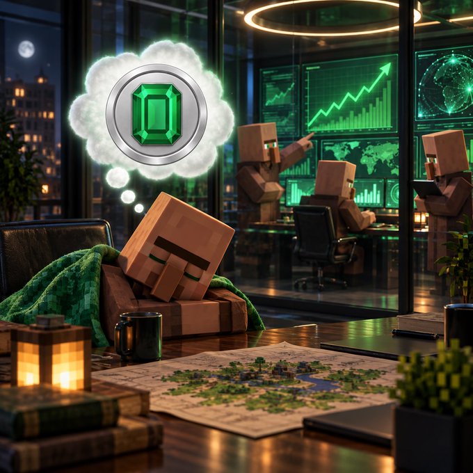 A Minecraft-style character with a thought bubble containing an emerald gem, surrounded by cardboard box figures working at computer screens displaying financial charts.