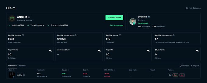 A crypto trading interface labeled "Claim" for the ticker "$ANSEM", showing a current price of $6.12, market cap of 2734216, holding for 10 days, and 8K impressions, with a trading chart for ANSEM/USDC.
