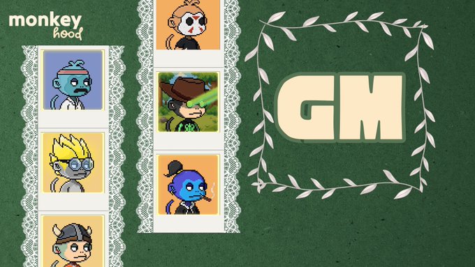 A promotional graphic for "monkeyhood" NFT collection showing six cartoon monkey character cards alongside large "GM" text within a leaf wreath on a green background.