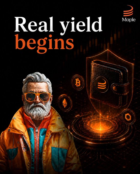 A promotional graphic with the text 'Real yield begins' featuring a bearded man in sunglasses, a glowing orange wallet icon, and cryptocurrency symbols, branded with the Maple logo.