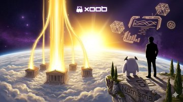 The image features an illustration of a man standing on top of a cliff, overlooking a city below. A small white robot is also present in the scene. The background includes a sky filled with clouds and stars, giving the impression that they are looking out over a vast landscape or planet. In the foreground, there's a banner that reads "XOOB" and "Nomisma".