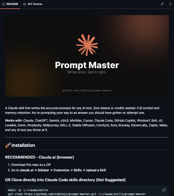 A GitHub README page displays a 'Prompt Master' Claude skill with a tagline 'Write once. Get it right.' and lists compatibility with various AI tools including Claude, ChatGPT, and Midjourney.