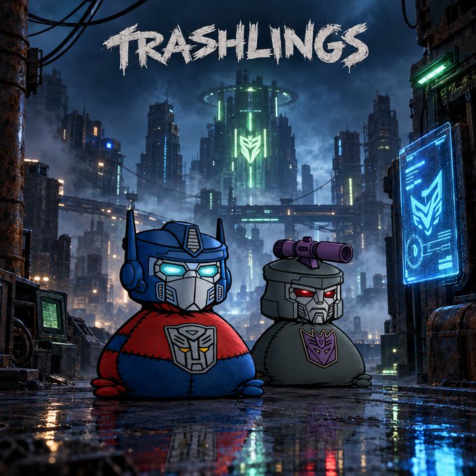 A digital artwork titled 'TRASHLINGS' featuring two cartoonish Transformer-like characters (one Optimus Prime-style in blue/red, one Megatron-style in gray with a purple cannon) standing in a futuristic cyberpunk city with neon lights and rain-soaked streets.