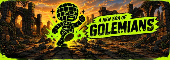 A neon green, stone-like cartoon character bursts forward against a sunset-lit ancient ruin backdrop, with bold text reading "A NEW ERA OF GOLEMIANS" splashed beside it. The vibrant, energetic artwork ties directly to the post's Golemians collab and giveaway announcement, capturing the exciting "bang" finale the host is promoting.
