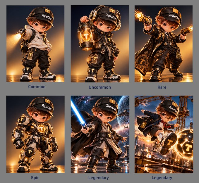 A character progression showcase featuring a chibi-style character wearing "TapeOut" branded outfits across six rarity tiers: Common, Uncommon, Rare, Epic, Legendary, and Legendary.